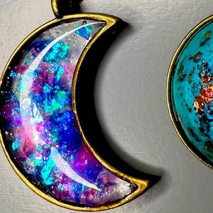 Handmade moon necklace with epoxy and iridescent flakes